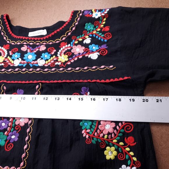 YZXDORWJ Top Women M Black Floral Embroidered Round Neck Boho Coquette Peasant - Picture 7 of 8